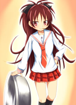 Rule 34 | 1girl, basin, black socks, blush, cosplay, diesel-turbo, female focus, food, gradient background, hand on own hip, hip focus, kneehighs, long hair, looking at viewer, mahou shoujo madoka magica, mahou shoujo madoka magica (anime), morishita koyomi, morishita koyomi (cosplay), mouth hold, necktie, nonaka ai, plaid clothes, plaid skirt, pocky, red eyes, red hair, sakura kyoko, school uniform, skirt, smile, socks, solo, voice actor connection, yoku wakaru gendai mahou