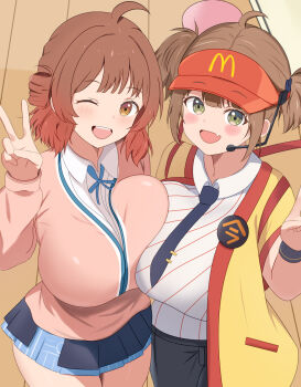 2girls :d ;d annrichan asymmetrical_docking back_bow bandaid bandaid_on_knee bandaid_on_leg black_shorts blush bow breast_press breasts brown_hair burger commentary_request cosplay cup disposable_cup disposable_ice_cream_cup employee_uniform fang fast_food_uniform food from_above gakuen_idolmaster green_eyes hanami_ume headset highres holding holding_burger holding_food holding_ice_cream ice_cream idolmaster imadake_dabuchi_tabemi imadake_dabuchi_tabemi_(cosplay) large_breasts looking_at_viewer loose_socks mcdonald's microskirt multiple_girls necktie one_eye_closed open_mouth orange_eyes pink_hair school_uniform shirt shoes shorts skin_fang skirt smile sneakers socks standing striped_clothes striped_shirt sweater tasuki teeth text_background thighhighs tie_clip twintails upper_teeth_only v vertical-striped_clothes vertical-striped_shirt visor_cap white_socks wristband yellow_background yellow_eyes yellow_happi