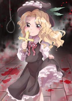 1girl absurdres blonde_hair blood blood_on_ground brown_hat brown_skirt brown_vest commentary_request cross dolls_in_pseudo_paradise feathers fedora frilled_hat frills green_feathers hat hat_feather highres holding holding_cross jacket_girl_(dipp) kanonari long_hair long_sleeves noose red_ribbon ribbon shirt skirt skirt_hold solo touhou vest wavy_hair white_shirt yellow_eyes