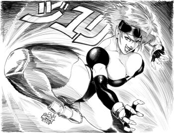 Rule 34 | 1girl, 2023, absurdres, breasts, commentary, crosshatching, english commentary, fingerless gloves, galaxy fight, gloves, greyscale, hatching (texture), highres, juri (galaxy fight), monochrome, open mouth, pltnm ghost, pointy ears, solo