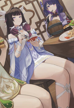 3girls absurdres bare_shoulders barrel burger chopsticks columbina_(genshin_impact) commentary_request dolri dress eating food french_fries genshin_impact hair_wings highres holding holding_burger holding_chopsticks holding_food indoors japanese_clothes kimono long_hair looking_at_viewer multicolored_hair multiple_girls nahida_(genshin_impact) purple_eyes purple_hair purple_kimono raiden_shogun short_hair sitting thighs two-tone_hair very_long_hair white_dress white_wings wings