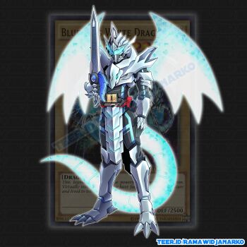 Rule 34 | 1boy, absurdres, armor, artist name, belt, blue-eyes white dragon, blue-eyes white dragon (cosplay), bodysuit, card, commentary, cosplay, dragon tail, dragon wings, english commentary, full armor, full body, gloves, helmet, highres, holding, holding weapon, kamen rider, kamen rider blade, kamen rider blade (series), male focus, ramawidjanarko2, rider belt, solo, standing, sword, tail, tokusatsu, watermark, weapon, wings, yu-gi-oh!