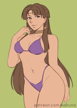 Rule 34 | 1girl, absurdres, bikini, brown hair, earrings, highres, jewelry, kalruna, plum (tear ring saga), purple bikini, swimsuit, tear ring saga