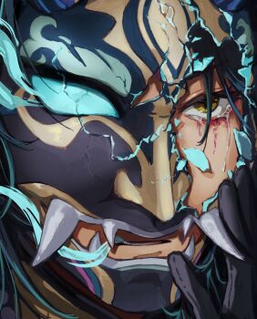 1boy black_gloves blood blood_on_face closed_mouth commentary cracked_kawaii_mask english_commentary genshin_impact gloves green_hair hands_on_own_face hands_up highres light_trail male_focus mask masked oni_mask peatchoune solo tears xiao_(genshin_impact) yellow_eyes