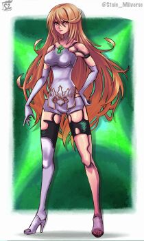 a2_(nier:automata) a2_(nier:automata)_(cosplay) alternate_color alternate_costume bare_shoulders blonde_hair chest_jewel cosplay crossover drag-on_dragoon frown fusion gem glaring glowing glowing_gem green_background hand_on_back hand_on_own_hip high_heels highres long_hair looking_to_the_side monolith_soft mythra_(xenoblade) nier:automata nier_(series) nintendo possessed possession shirt square_enix standing stoic_seraphim white_shirt xeno_(series) xenoblade_chronicles_(series) xenoblade_chronicles_2 yellow_eyes