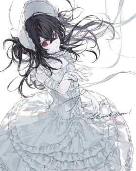 1girl absurdres bandaged_arm bandages black_hair bonnet center_frills choker closed_mouth collar crossed_bangs dress expressionless floating_hair frilled_choker frilled_collar frilled_dress frills hair_between_eyes highres konosekaino920 long_hair looking_at_viewer messy_hair original outstretched_hand red_eyes ribbon sample_watermark simple_background sleeveless sleeveless_dress solo watermark weibo_username weibo_watermark white_background white_collar white_dress white_ribbon