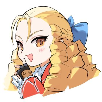 Rule 34 | 1girl, :d, amado (shin), ascot, black gloves, blonde hair, blue bow, blush, bow, brown eyes, commentary request, drill hair, fingerless gloves, gloves, hair bow, kanzuki karin, long hair, long sleeves, looking at viewer, ojou-sama pose, open mouth, smile, solo, street fighter, upper body, white ascot, white background