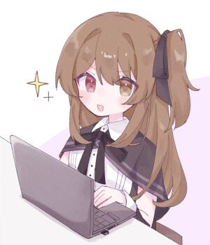 1girl :d assault_lily black_capelet black_ribbon blush brown_hair capelet collared_shirt commentary_request computer detached_sleeves hair_ribbon hand_up heterochromia kuo_shenlin laptop long_hair looking_at_viewer neck_ribbon on_stool one_side_up open_mouth pink_background pink_eyes ribbon school_uniform shirt sidelocks sitting smile solo sparkle stool table two-tone_background upper_body v-shaped_eyebrows white_background white_shirt yellow_eyes yubari_lemon_(lemonlilie) yurigaoka_girls_academy_school_uniform