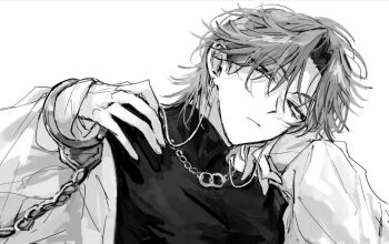 Rule 34 | 1boy, chain, chain necklace, closed mouth, commentary, cuffs, curtained hair, ear piercing, earrings, expressionless, greyscale, half-closed eyes, hand on own cheek, hand on own face, handcuffs, head rest, head tilt, jacket, jaelee, jewelry, long sleeves, looking at viewer, male focus, medium hair, monochrome, necklace, open clothes, open jacket, parted bangs, piercing, ring, shiguang dailiren, shirt, short hair, simple background, solo, turtleneck, tyoookozuki, upper body, white background