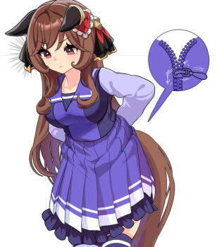 1girl animal_ears arms_behind_back breasts brown_hair brown_tail closed_mouth commentary_request ear_covers ears_down frilled_skirt frills gentildonna_(umamusume) heart_ear_ornament horse_ears horse_girl horse_tail large_breasts leaning_forward long_hair long_sleeves nieto_tokage pleated_skirt purple_sailor_collar purple_shirt purple_skirt purple_thighhighs red_eyes sailor_collar sailor_shirt school_uniform shirt simple_background skirt solo spoken_object tail thighhighs thighs tracen_school_uniform umamusume v-shaped_eyebrows white_background zipper zipper_pull_tab