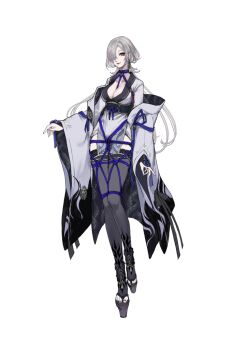 1girl black_thighhighs blue_eyes blue_hair blush breasts choker cleavage commentary concept_art couch crossed_legs earrings english_commentary feet hair_over_one_eye highres japanese_clothes jewelry large_breasts looking_at_viewer miko nail_polish ninja_gaiden ninja_gaiden_4 official_art okobo one_eye_covered platform_sandals ribbon_choker sandals seori_(ninja_gaiden) sitting smile soles standing standing_on_one_leg thighhighs thighs toeless_legwear wide_sleeves