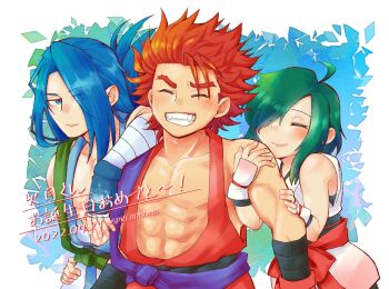 1girl 2boys abs blue_eyes blue_hair closed_eyes facing_viewer green_hair hair_over_one_eye highres hirano_(spreadbomb) kazama_hazuki kazama_kazuki kazama_sougetsu multiple_boys red_hair samurai_spirits siblings sleeveless spiked_hair