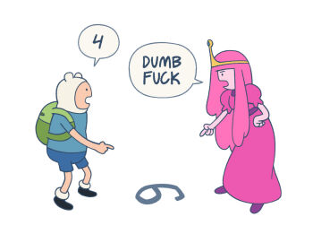 1boy 1girl 6_or_9 adventure_time animal_hood bag breasts colored_skin dinottosaur dress finn_the_human highres hood long_hair number_print open_mouth pink_hair pink_skin pointing princess_bonnibel_bubblegum profanity rabbit_hood shirt simple_background toon_(style) very_long_hair