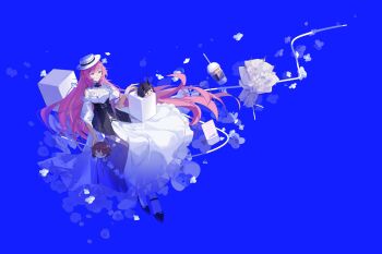 1girl blue_background blue_eyes bubble_tea chinese_commentary commentary_request cup disposable_cup dress eden_(honkai_impact) elysia_(honkai_impact) elysia_(sweet_memories)_(honkai_impact) hat highres honkai_(series) honkai_impact_3rd long_hair official_alternate_costume pink_hair raiden_mei situnainaisheng tilted_headwear white_dress white_hat