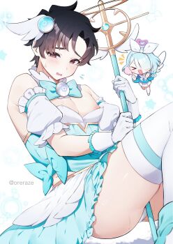 &gt;_&lt; 1boy 1girl :d alternate_color alternate_costume angel_wings arona_(blue_archive) bare_shoulders between_thighs black_hair blue_archive blue_archive_the_animation blue_bow blue_bowtie blue_gemstone blue_hair blue_shirt blue_skirt blush bow bow_hairband bowtie brown_eyes chibi chibi_inset clenched_hands commentary cosplay crossdressing crossdressing_(mtf) curtained_hair detached_collar detached_sleeves embarrassed flying_sweatdrops forehead frilled_skirt frills gem gloves hair_ornament hair_over_one_eye hairband halo heart heart_halo highres holding holding_staff knees_up large_pectorals long_bangs long_sleeves looking_at_viewer low_neckline mage_staff magical_girl male_focus miniskirt nipple_slip nipples notice_lines one_eye_covered open_mouth panties pantyshot pectoral_cleavage pectorals pink_halo pleated_skirt plump puffy_detached_sleeves puffy_male_chest puffy_sleeves raised_inner_eyebrows sailor_collar sailor_shirt school_uniform sensei_(blue_archive) sensei_(blue_archive_the_animation) sera_razere serafuku shirt short_hair simple_background sitting skindentation skirt skirt_set smile solo_focus staff star_(symbol) suzumi_(blue_archive) suzumi_(blue_archive)_(cosplay) suzumi_(magical)_(blue_archive) sweatdrop thighhighs thighs traditional_bowtie twitter_username underwear very_short_hair waist_bow white_background white_bow white_bowtie white_gloves white_hairband white_panties white_sailor_collar white_skirt white_sleeves white_thighhighs white_wings wing_hair_ornament wings winter_uniform xd