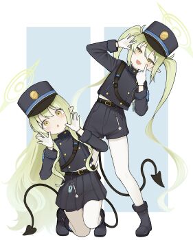 2girls absurdres armband black_shoes black_shorts black_skirt blue_archive blue_armband commentary demon_tail gloves green_hair green_halo halo hat highres hikari_(blue_archive) long_hair looking_at_viewer making_faces multiple_girls nozomi_(blue_archive) open_mouth pantyhose peaked_cap pleated_skirt pointy_ears sauccere shoes shorts siblings sisters skirt smile tail twins twintails white_gloves white_pantyhose yellow_eyes