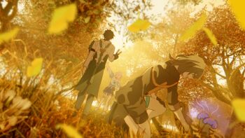 1boy 2girls absurdres arm_up autumn autumn_leaves beads black_boots black_choker black_gloves black_hair black_jacket black_shoes black_skirt blue_jacket blue_skirt boots branch brown_eyes buttons camera chinese_clothes choker clothes_around_waist coat collared_shirt commentary dan_heng_(honkai:_star_rail) dan_heng_(hunt)_(honkai:_star_rail) evening fingerless_gloves flower flower_ornament forest from_behind gloves grass green_coat grey_hair grey_pants hair_between_eyes hand_on_own_knee hand_up highres holding holding_camera honkai:_star_rail honkai_(series) jacket leaf long_hair long_sleeves looking_at_object looking_down march_7th_(honkai:_star_rail) march_7th_(preservation)_(honkai:_star_rail) miniskirt multicolored_coat multiple_girls mushroom nature no_eyes on_one_knee open_clothes open_jacket open_mouth pants pink_hair pleated_skirt puffy_long_sleeves puffy_sleeves shirt shoes short_hair sidelocks single_glove skirt sky smile standing stelle_(honkai:_star_rail) sunlight symbol-only_commentary thigh_strap tied_jacket trailblazer_(honkai:_star_rail) tree two-tone_coat v white_coat white_flower white_shirt white_sky zassyoku_dd