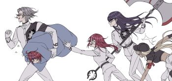 2boys 3girls absurdres aotsuki_eito arm_pouch axe battle_axe black_hat black_shirt black_streaks blonde_hair chasing chinese_commentary closed_eyes commentary_request crop_top dark-skinned_female dark_skin drooling earrings gakuran glasses gloves grey_hair grin hat highres holding holding_axe holding_weapon hole_in_chest hole_on_body jacket jewelry kamyuhn kawana_tsubasa last_defense_academy_school_uniform long_hair looking_at_another mouth_drool multicolored_hair multiple_boys multiple_girls pants ponytail purple_hair reaching reaching_towards_another red_eyes red_hair running school_uniform shirt shizuhara_hiruko short_hair simple_background smile streaked_hair sumino_takumi the_hundred_line_-last_defense_academy- weapon white_background white_gloves white_jacket white_pants white_streaks wrapped_in_blanket yeyuanxinzhizhuban zzz