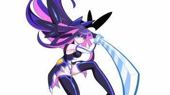 1girl absurdres aqua_eyes armpit_peek bow breasts company_connection cosplay hair_bow highres holding holding_sword holding_weapon katana kill_la_kill kiryuuin_satsuki kiryuuin_satsuki_(cosplay) large_breasts long_hair looking_at_viewer panty_&amp;_stocking_with_garterbelt purple_hair serious simple_background solo stocking_(psg) sword tlotro weapon white_background