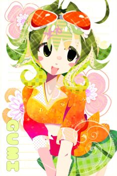 1girl blush_stickers character_name commentary english_commentary goggles goggles_on_head green_eyes green_hair green_skirt gumi looking_at_viewer open_mouth orange_shirt patterned_hair shirt short_sleeves skirt smile solo unmoving_pattern vocaloid yrtm_34221