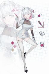 Rule 34 | 1girl, :d, :q, black footwear, blood, blood bag, choker, colored inner hair, commentary, facing viewer, full body, garter straps, gloves, grid background, hat, highres, holding, holding syringe, low wings, multicolored hair, nicoillu, nurse, nurse cap, open mouth, original, pill, pink eyes, pink hair, pixelated, puffy short sleeves, puffy sleeves, short sleeves, sideways glance, smile, symbol-only commentary, syringe, syringe earrings, thighhighs, tongue, tongue out, two-tone hair, white choker, white gloves, white hat, white thighhighs, white wings, wings, zoom layer