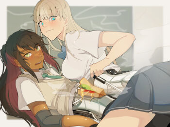 2girls absurdres android black_hair black_skirt blonde_hair blue_bow blue_bowtie blue_eyes bow bowtie breasts closed_mouth clothes_lift colored_inner_hair commentary_request dark-skinned_female dark_skin ecomoesty ei_chan_(endless_overhaul) endless_overhaul food green_eyes green_necktie highres lifting_own_clothes long_hair looking_at_viewer lying lying_on_person manica_(endless_overhaul) mechabare medium_breasts multicolored_eyes multicolored_hair multiple_girls necktie on_back open_mouth orange_eyes ponytail red_hair sandwich shirt shirt_lift skirt sweater_vest teeth white_shirt white_sweater_vest