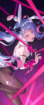 1girl absurdres ace_(playing_card) ace_of_hearts ahoge animal_ear_hairband animal_ears arm_belt arm_up bare_shoulders belt black_belt black_leotard black_pantyhose black_ribbon blue_eyes blue_hair bound bound_torso bound_wrists bow bowtie breasts card detached_collar entangled fake_animal_ears fake_tail from_side hair_ornament hair_ribbon hairband hatsune_miku heart heart_in_eye highleg highleg_leotard highres kurobikari leotard long_hair looking_at_viewer looking_to_the_side o-ring o-ring_thigh_strap object_in_bra one_eye_closed open_mouth pantyhose pink_bow pink_bowtie pink_nails pink_pupils playboy_bunny playing_card purple_background rabbit_ear_hairband rabbit_ears rabbit_hole_(vocaloid) rabbit_tail ribbon small_breasts solo symbol_in_eye tail teardrop_facial_mark thigh_strap torn_clothes torn_pantyhose twintails vocaloid white_hairband white_wrist_cuffs wrist_cuffs x_hair_ornament