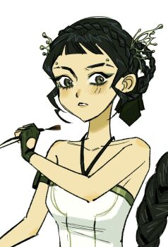 Rule 34 | 1girl, aespa, black gloves, black hair, braid, double bun, eyeshadow, fingerless gloves, gloves, hair bun, halterneck, highres, kouwn, kpop demon hunters, makeup, short bangs, simple background, solo, upper body, white background, zoey (kpop demon hunters)