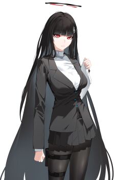 1girl absurdres arm_at_side black_hair black_jacket black_pantyhose black_skirt blue_archive breasts clenched_hand closed_mouth cowboy_shot frown hair_ornament halo highres jacket large_breasts long_hair long_sleeves looking_at_viewer miniskirt pantyhose pleated_skirt plentyofempty pouch red_eyes rio_(blue_archive) shirt simple_background skirt solo thigh_pouch thigh_strap turtleneck very_long_hair white_background white_shirt