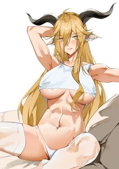 1girl absurdres animal_ears arknights blonde_hair breasts chenmo_di_diji crop_top degenbrecher_(arknights) goat_ears goat_girl goat_horns hashtag-only_commentary highres horns large_breasts long_hair looking_at_viewer navel navel_piercing panties piercing simple_background smile solo stomach thighhighs thighs underboob underwear very_long_hair white_background white_panties white_thighhighs yellow_eyes