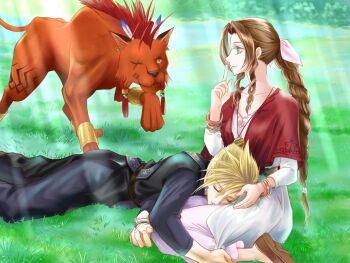 1girl 2boys aerith_gainsborough alternate_costume animal animal_earrings bangle black_pants black_shirt black_vest blonde_hair body_markings bracelet braid braided_ponytail brown_hair brown_shoes capelet cloud_strife couple dress earrings feather_hair_ornament feathers final_fantasy final_fantasy_vii finger_to_mouth grass green_eyes hair_between_eyes hair_ornament hair_ribbon harahara_yuki hetero jewelry kneeling lap_pillow light_smile long_dress long_hair multiple_boys necklace outdoors pants parted_bangs pink_dress pink_ribbon red_capelet red_xiii ribbon scar scar_across_eye scar_on_face shirt shoes short_hair sidelocks single_braid spiked_hair sunlight vest yellow_eyes