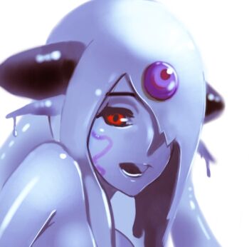 Rule 34 | 1girl, blue hair, erubetie, female focus, hair over one eye, jewelry, mon-musu quest!, monster girl, open mouth, pointy ears, red eyes, simple background, slime girl, solo, upper body, white background, wizard898