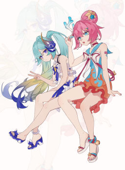 2girls absurdres arm_up bare_shoulders bell blue_dress blue_eyes blue_hair blue_nails blue_sailor_collar blue_sandals closed_mouth collar commentary_request dress flip-flops frilled_dress frills gradient_hair green_hair hair_between_eyes hair_bun hand_up high_heel_sandals highres honkai_(series) honkai_impact_3rd jingle_bell liliya_olenyeva looking_at_viewer mi_si_lei_da_ke multicolored_hair multicolored_nails multiple_girls nail_polish orange_nails pink_background pink_hair purple_eyes purple_nails red_collar rozaliya_olenyeva sailor_collar sailor_dress sandals siblings simple_background sisters sleeveless sleeveless_dress thick_eyebrows twins twintails v white_sandals zoom_layer