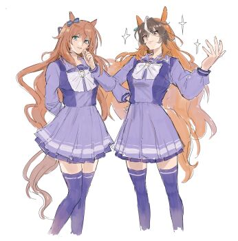 2girls animal_ears blue_eyes bow bowtie breasts brown_hair closed_mouth ear_bow earrings green_eyes hair_between_eyes highres horse_ears horse_girl horse_tail jewelry kobuneyuu long_hair long_sleeves looking_at_viewer maruzensky_(umamusume) multicolored_hair multiple_girls parted_lips purple_eyes purple_sailor_collar purple_serafuku purple_shirt purple_skirt purple_thighhighs sailor_collar sailor_shirt school_uniform serafuku shirt simple_background single_earring skirt smile sparkle streaked_hair symboli_rudolf_(umamusume) tail thighhighs tracen_school_uniform umamusume white_background white_bow white_bowtie white_hair