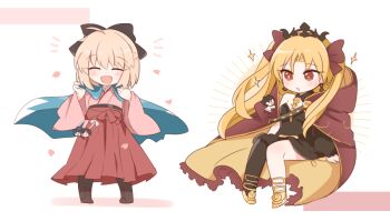 +_+ 2girls ahoge belt black_bow black_dress black_thighhighs black_tiara blonde_hair blue_haori blush boots bow brown_boots chibi chibi_only cloak closed_eyes dress earrings ereshkigal_(fate) eyelashes fate/grand_order fate_(series) floating_clothes fujimaru_ritsuka_(male) full_body gold_sandals hair_bow hakama hakama_skirt hands_up haori japanese_clothes jewelry kimono long_hair long_sleeves looking_at_another multiple_girls notice_lines okita_souji_(fate) okita_souji_(first_ascension)_(fate) okita_souji_(koha-ace) open_clothes open_mouth parted_bangs petals pink_kimono rabi_(swordofthestone) red_bow red_cloak red_eyes red_ribbon red_skirt ribbon sandals shadow short_hair simple_background single_bare_shoulder single_thighhigh sitting skirt smile sparkle standing thighhighs tiara two-sided_cloak two-sided_fabric two_side_up white_background wide_sleeves yamanami_keisuke_(fate) yellow_belt yellow_cloak