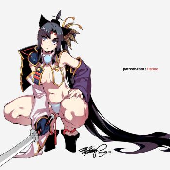 1girl 2019 armor asymmetrical_sleeves bad_id bad_twitter_id black_hair black_hat blue_eyes blue_gloves breast_curtains breasts dated detached_sleeves duplicate fate/grand_order fate_(series) feather_hair_ornament feathers feet fishine gloves grey_background hair_ornament hand_on_own_knee hat holding holding_sword holding_weapon japanese_armor katana kusazuri long_hair looking_at_viewer medium_breasts mismatched_sleeves navel okobo panties parted_bangs platform_clogs platform_sandals pom_pom_(clothes) revealing_clothes sandals shoulder_armor side_ponytail signature simple_background sode solo squatting sword toes underwear ushiwakamaru_(fate) ushiwakamaru_(second_ascension)_(fate) very_long_hair watermark weapon web_address white_panties