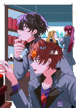 2boys 2girls absurdres ayase_yuka black_hair blue_jacket border collarbone commentary earrings fingernails food fsmaichobpeg0 hand_on_own_chin hand_up hashtag-only_commentary headband highres indoors jacket jewelry kirishima_eriko lapels long_sleeves multiple_boys multiple_girls onigiri open_mouth outside_border persona persona_1 purple_eyes purple_shirt red_eyes red_hair refrigerator refrigerator_interior school_uniform shirt short_hair st._hermelin_school_uniform toudou_naoya uesugi_hidehiko white_border wing_collar