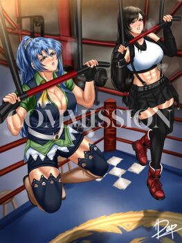 2girls bike_shorts black_hair black_thighhighs boxing_ring breasts cleavage commentary commission crop_top crossover dapx eiyuu_densetsu english_commentary english_text exercising final_fantasy final_fantasy_vii highres horizontal_bar indoors lace lace-trimmed_thighhighs lace_trim large_breasts laura_s._arseid long_hair long_single_sidelock mata_hari_(be_shelved)_(fate) mata_hari_(fate) midriff multiple_girls muscular muscular_female ponytail red_eyes sen_no_kiseki sen_no_kiseki_(series) sen_no_kiseki_iii shoes shorts sideburns signature single_sidelock sneakers sweat thighhighs tifa_lockhart watermark yellow_eyes