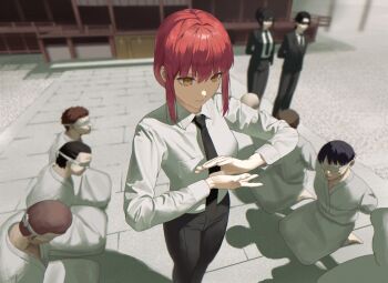 Rule 34 | 2girls, 6+boys, anteiru, arms behind back, arms up, bald, black hair, black necktie, black pants, blindfold, brown hair, chainsaw man, closed mouth, collared shirt, day, jacket, japanese clothes, kimono, kneeling, kurose yuutarou, long hair, makima (chainsaw man), multiple boys, multiple girls, necktie, office lady, outdoors, pants, ponytail, red hair, ringed eyes, shadow, shirt, short hair, sidelocks, standing, suit jacket, temple, tendou michiko, very short hair, white kimono, white shirt, yellow eyes