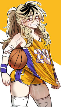 Rule 34 | 1girl, absurdres, ball, basketball, basketball (object), basketball uniform, black hair, blonde hair, commentary request, ear piercing, grin, highres, korean commentary, long hair, looking at viewer, margare, multicolored hair, multicolored wristband, open mouth, orange shorts, original, piercing, red eyes, roots (hair), shirt, shirt tug, shorts, smile, solo, sportswear, striped wristband, sweat, sweatdrop, teeth, thighhighs, white thighhighs, wristband, yellow shirt, yellow shorts