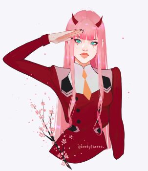 1girl aegyo_sal aqua_eyes asian branch cherry_blossoms choppy_bangs closed_mouth cropped_torso darling_in_the_franxx dress ear_piercing eyelashes eyeliner fingernails highres long_fingernails long_sidelocks long_sleeves makeup mole mole_on_hand mole_under_each_eye mole_under_eye multiple_moles necktie orange_necktie parasite_dress_uniform_(darling_in_the_franxx) petals piercing pink_hair red_dress red_eyeliner salute sidelocks straight_hair thick_lips twitter_username upper_body wavy_ends white_background zeebythesea zero_two_(darling_in_the_franxx)