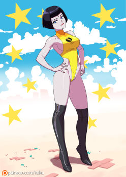 black_hair blue_eyes blunt_bangs boots breasts dc_comics forehead_jewel hands_on_own_hips knee_boots leotard pale_skin raven_(dc) short_hair sideboob teen_titans tekuho_no_habo