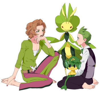 2boys barefoot black_vest brown_hair burgh_(pokemon) cilan_(pokemon) closed_mouth full_body gen_5_pokemon green_eyes green_hair green_shirt knee_up kneeling leavanny long_sleeves looking_at_another male_focus miyawaki multiple_boys nintendo open_mouth pansage pectoral_cleavage pectorals pokemon pokemon_(creature) pokemon_bw shirt short_hair simple_background vest white_background white_shirt yaoi