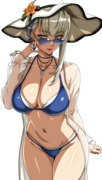 1girl bikini blue_bikini breasts cleavage grey_eyes grey_hair hat jacket jamjamstyle jewelry large_breasts layered_bikini long_hair looking_at_viewer merope_(p5x) navel open_clothes open_jacket pendant persona persona_5 persona_5:_the_phantom_x see-through_clothes see-through_jacket smile solo sunglasses swimsuit white_background white_bikini