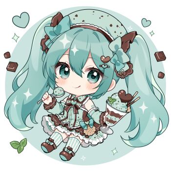 1girl :q absurdres bare_shoulders blush border brown_shoes chibi chibi_only chocolate closed_mouth collared_dress commentary cup detached_sleeves dot_nose double-parted_bangs dress drinking_glass food frilled_dress frilled_shirt_collar frills full_body green_background green_dress green_eyes green_hair green_hat green_sleeves green_thighhighs hair_between_eyes hair_ornament hat hatsune_miku heart heart_hair_ornament highres holding holding_cup holding_spoon ice_cream long_hair long_sleeves looking_at_viewer mint_chocolate number_tattoo outside_border round_border shoes shoulder_tattoo sidelocks sleeveless sleeveless_dress smile solo sparkle spoon standing striped_clothes striped_thighhighs tattoo thighhighs tongue tongue_out twintails vertical-striped_clothes vertical-striped_thighhighs very_long_hair vocaloid wafer_stick white_border yuni_(irohasuiroiro) zettai_ryouiki