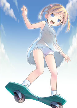 1girl absurdres blonde_hair blue_eyes cameltoe cloud covered_erect_nipples dress from_below full_body hair_bobbles hair_ornament highres loli long_hair looking_down nipples open_mouth original outdoors panties pop_(electromagneticwave) see-through_clothes see-through_dress skateboard sky smile socks solo thighs twintails underwear white_panties