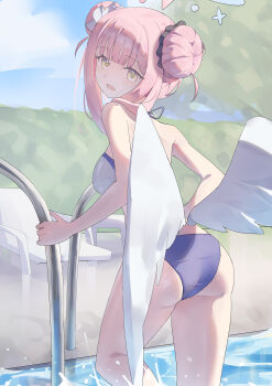 1girl absurdres angel_wings ass bikini blue_archive double_bun feathered_wings feet_out_of_frame hair_bun hair_ornament halo highres looking_at_viewer low_wings mika_(blue_archive) open_mouth pink_hair pink_halo poolside solo swimsuit thighs wet white_wings wings zaoshang_yibei_qing_gan_puer