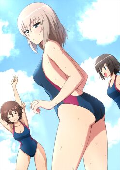 Rule 34 | 3girls, akaboshi koume, ass, backless swimsuit, black hair, blue eyes, blue one-piece swimsuit, blue sky, blush, breasts, brown hair, closed eyes, closed mouth, cloud, cloudy sky, commentary, competition swimsuit, day, frown, girls und panzer, grey hair, hida ema, highres, itsumi erika, leaning forward, looking at another, looking at viewer, looking back, medium breasts, medium hair, multiple girls, omachi (slabco), one-piece swimsuit, outdoors, short hair, sky, smile, standing, stretching, sweat, swimsuit, wet