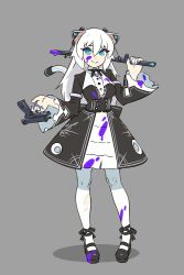Rule 34 | 1girl, :&gt;, @ @, animal ears, ankle ribbon, black coat, black footwear, black ribbon, blue eyes, blue nails, breasts, cat ears, cat girl, cat tail, closed mouth, coat, corset, dog tags, dress, full body, grey background, gun, handgun, highres, holding, holding gun, holding weapon, large breasts, leg ribbon, locked slide, long hair, long sleeves, looking at viewer, magari (c0rn3r), mary janes, mass production nora cat, mechanical ears, mechanical tail, neck ribbon, nora cat channel, paint on clothes, paint splatter, paint splatter on face, pantyhose, ribbon, shoes, simple background, smile, solo, standing, tail, torn clothes, torn pantyhose, underbust, weapon, white dress, white hair, white pantyhose, wide sleeves