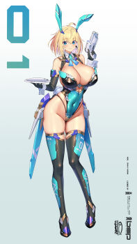 1girl ahoge animal_ears blonde_hair blue_eyes breasts bunny_suit_planning covered_navel fake_animal_ears gun highleg highleg_leotard highres holding holding_gun holding_weapon huge_breasts leotard looking_at_viewer nontraditional_playboy_bunny rabbit_ears short_hair smile solo sophia_f_shirring takamine_nadare thighhighs trigger_discipline weapon white_background